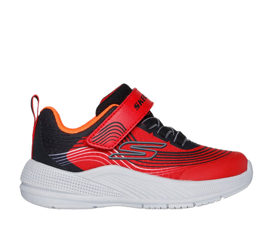 A boys trainer by Skechers, style 403926N Microspec Advance, in red and black with velcro and elastic lace fastening.  Right side view.