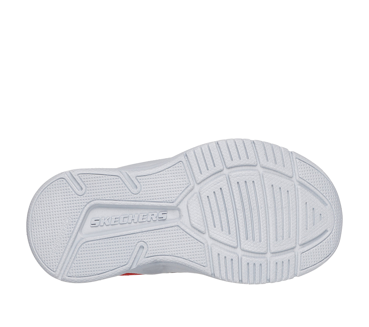 A boys trainer by Skechers, style 303575N Microspec Advance, in turquoise and lime and velcro and elastic lace fastening. Sole view.