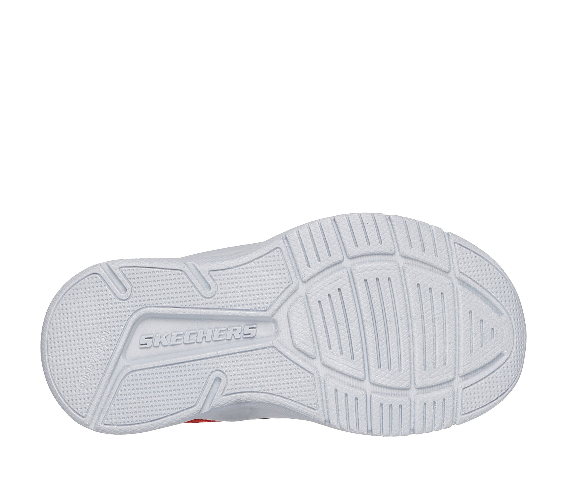 A boys trainer by Skechers, style 303575N Microspec Advance, in turquoise and lime and velcro and elastic lace fastening. Sole view.