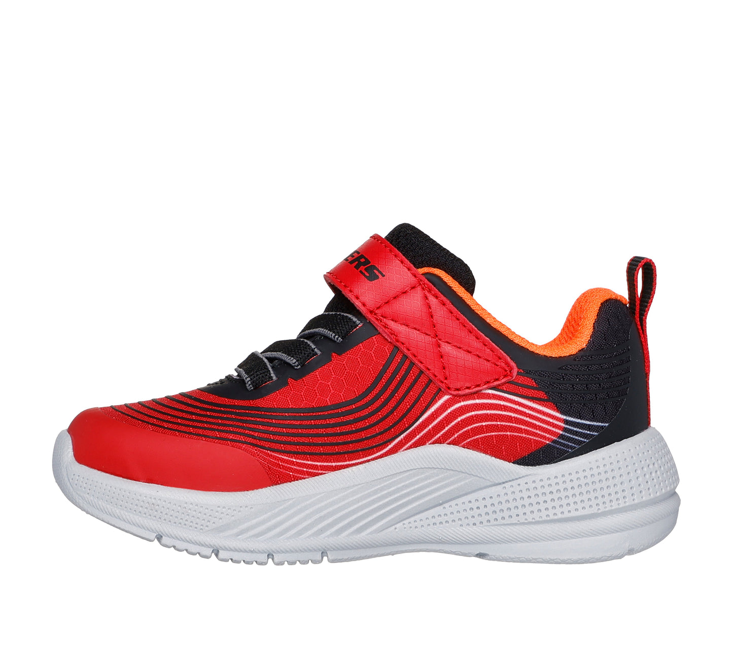 A boys trainer by Skechers, style 403926N Microspec Advance, in red and black with velcro and elastic lace fastening.  Left side view.