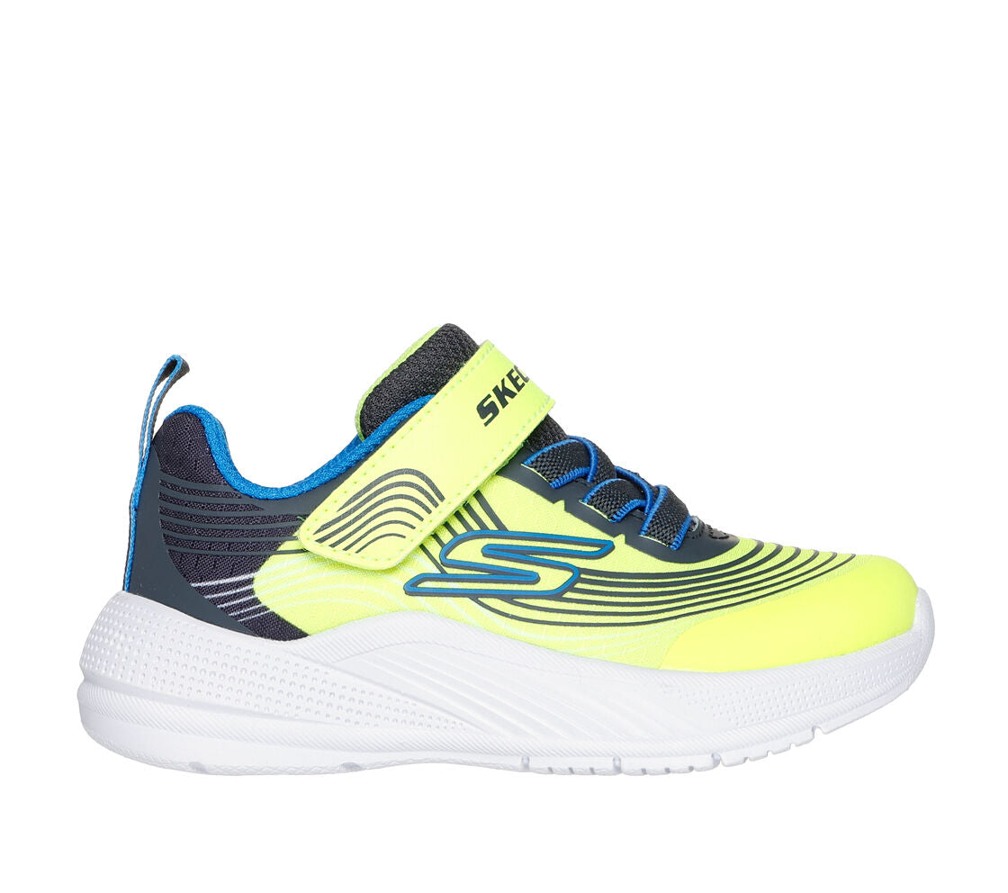 A boys trainer by Skechers, style 403926L Microspec Advance, in yellow and blue with velcro and elastic lace fastening. Right side view.