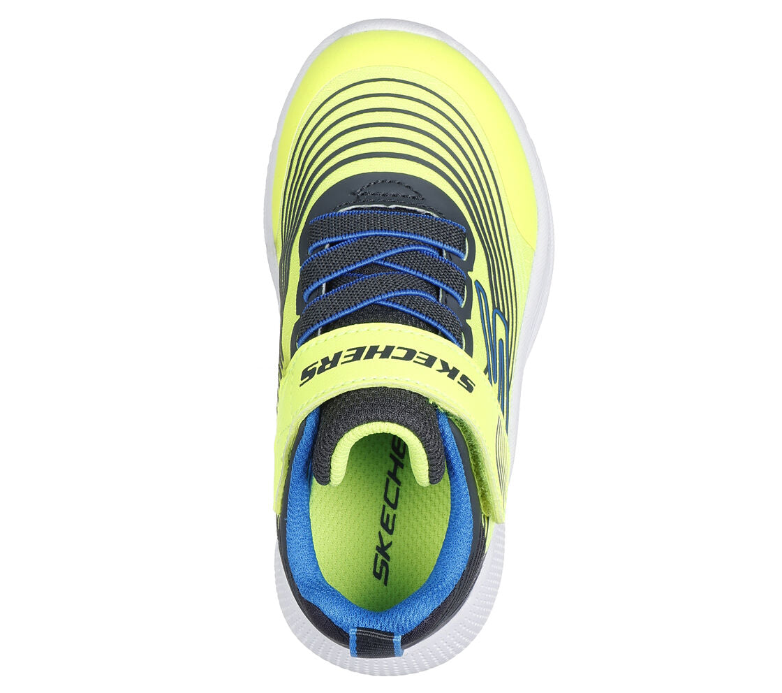 A boys trainer by Skechers, style 402160L Mega Craft 4K, in blue and black multi. Velcro and elastic lace fastening. View from above.