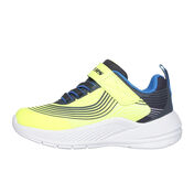 A boys trainer by Skechers, style 402160L Mega Craft 4K, in blue and black multi. Velcro and elastic lace fastening. Left side view.