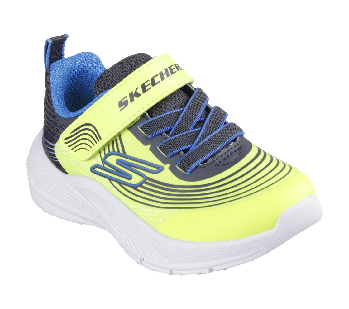 A boys trainer by Skechers, style 402160L Mega Craft 4K, in blue and black multi. Velcro and elastic lace fastening. Angled view.