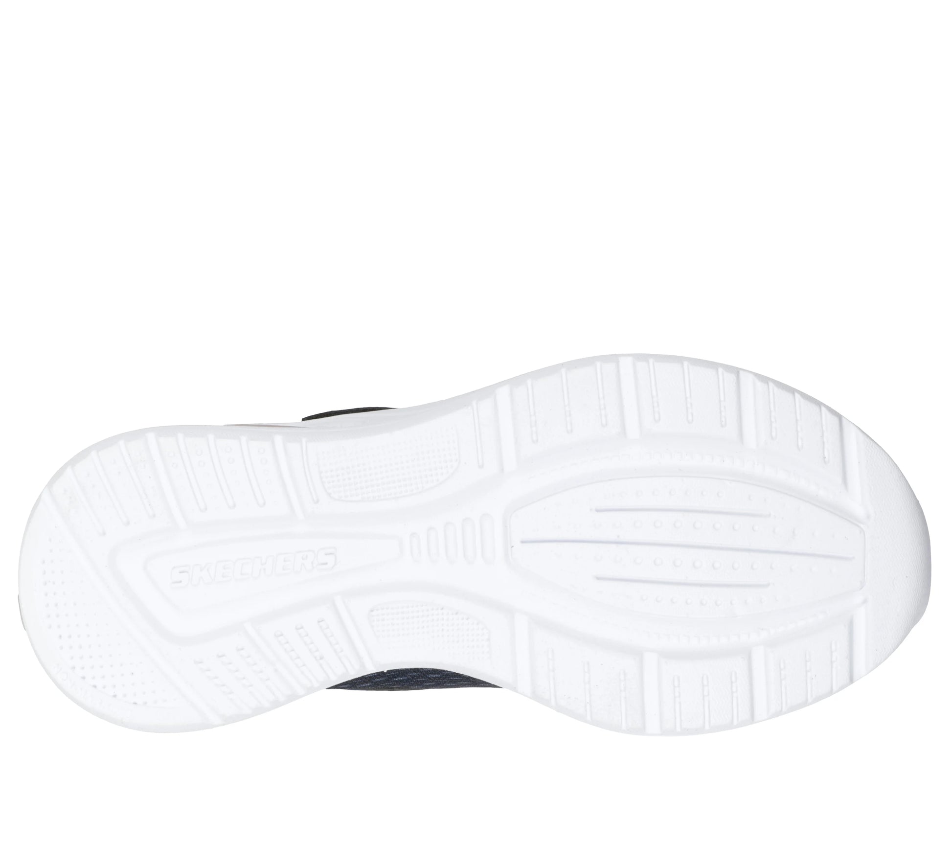 A boys casual trainer by Skechers, style Microspec Max Advance - Squad Pacer 404105L in navy and orange with velcro fastening. View of sole.