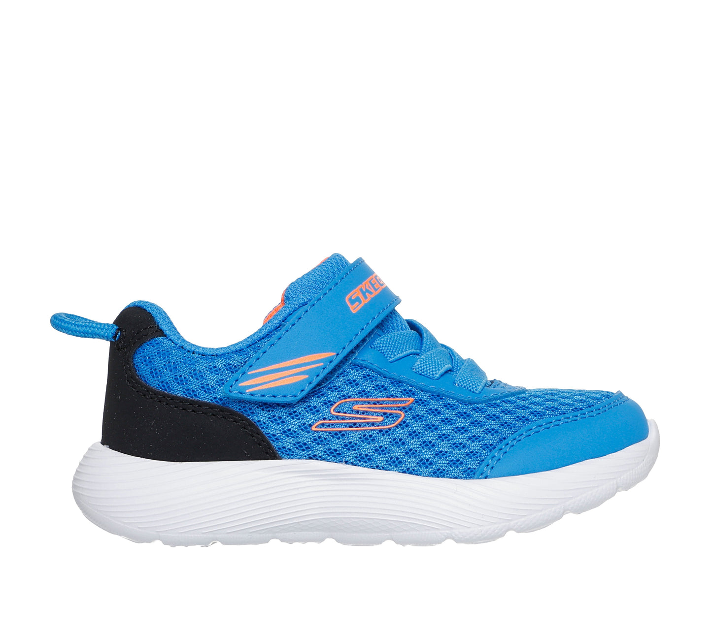 A boys trainer by Skechers, style Dyna Lite in blue with velcro strap and elastic laces, black detail around heel and chunky white sole. Right side view