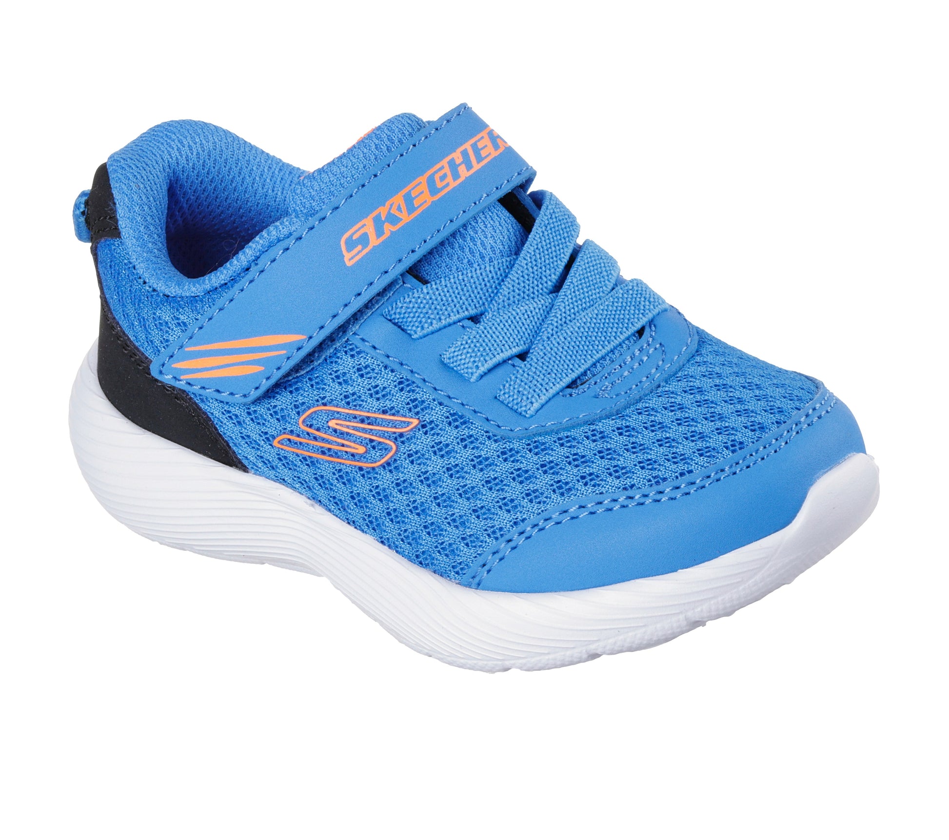 A boys trainer by Skechers, style Dyna Lite in blue with velcro strap and elastic laces, black detail around heel and chunky white sole. Angled side view