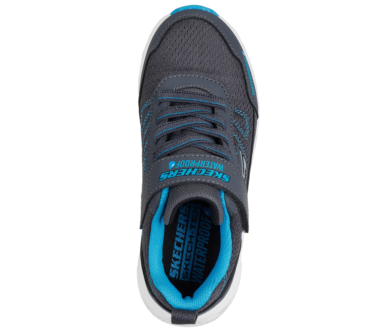A boys waterproof trainer by Skechers, style Elite Sport Tread Aquavek 406334L in gray and blue with velcro fastening. Above view.