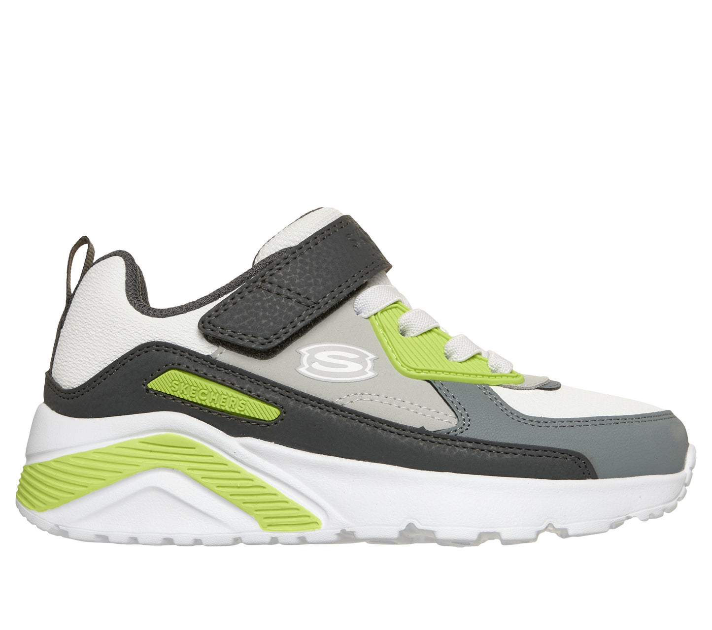 A boys trainer by Skechers, style Uno Lite Revival Edge in grey/lime  with velcro strap and elastic laces, Skechers logo on the side and white sole. Right side view
