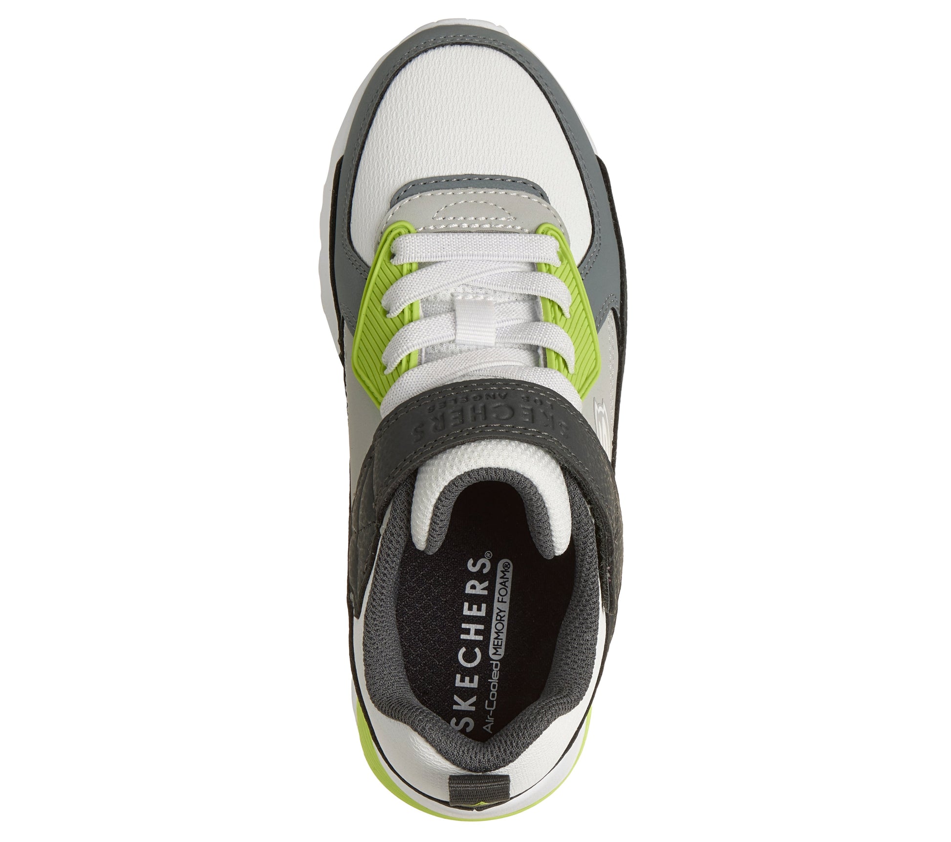 A boys trainer by Skechers, style Uno Lite Revival Edge in grey/lime  with velcro strap and elastic laces, Skechers logo on the side and white sole. Top view