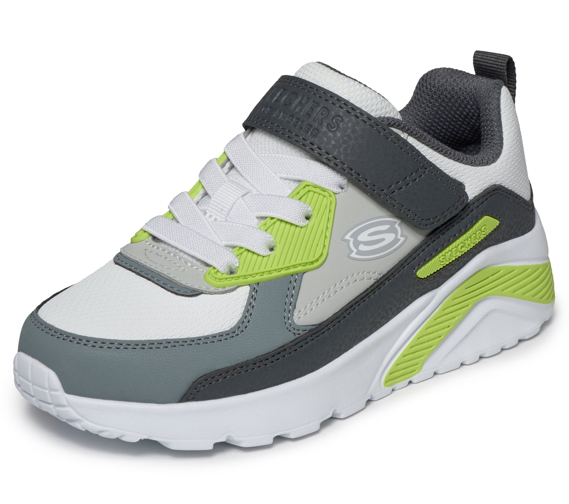 A boys trainer by Skechers, style Uno Lite Revival Edge in grey/lime  with velcro strap and elastic laces, Skechers logo on the side and white sole. Angled left side view