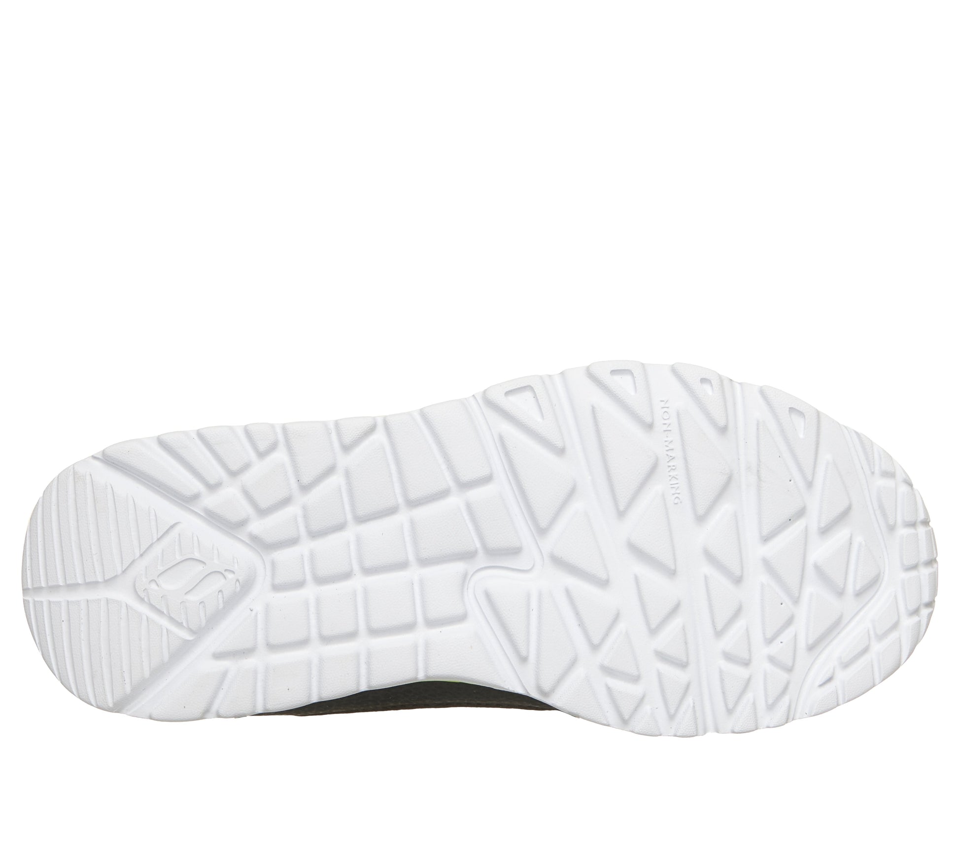 A boys trainer by Skechers, style Uno Lite Revival Edge in grey/lime  with velcro strap and elastic laces, Skechers logo on the side and white sole. View of sole