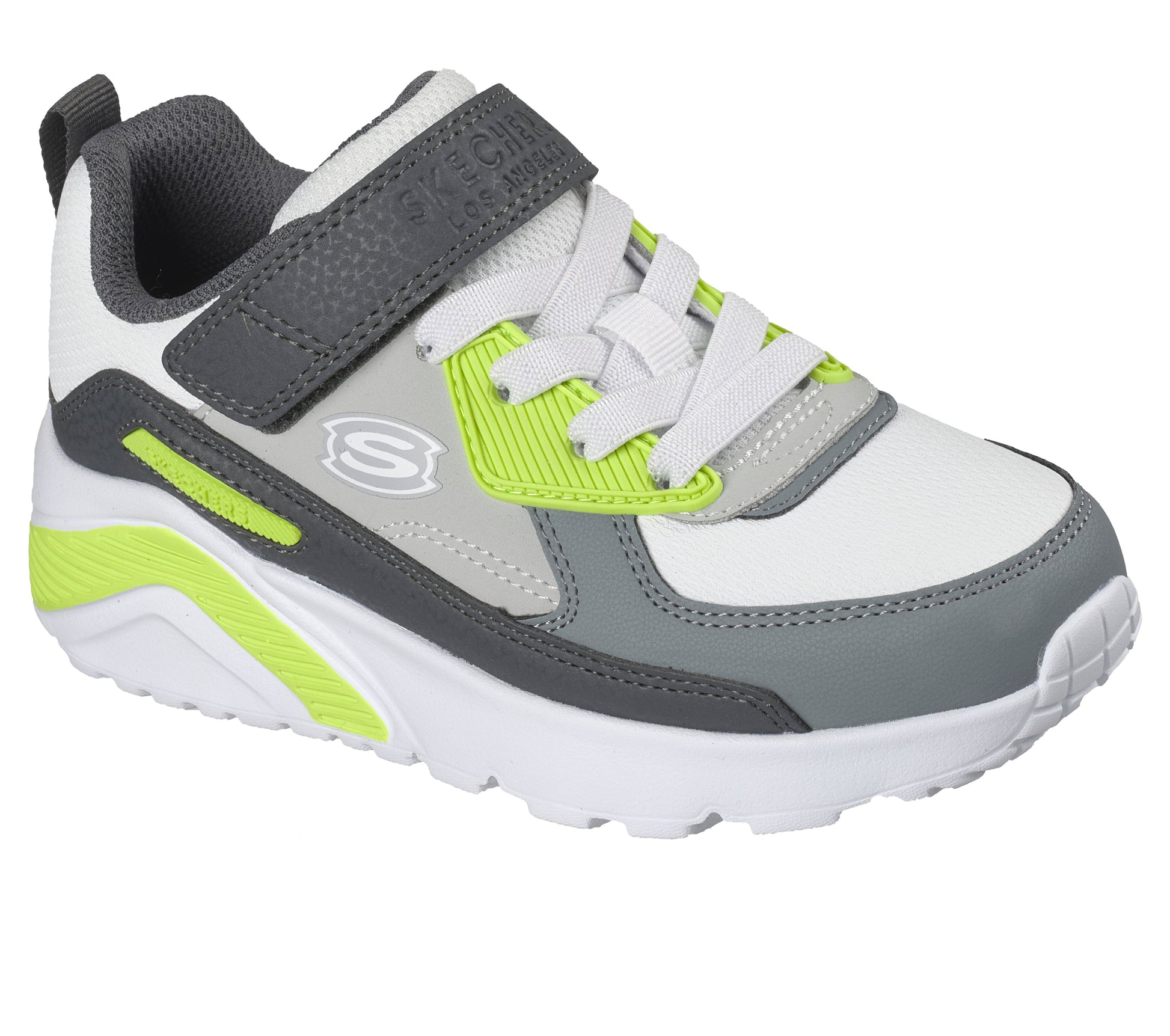 A boys trainer by Skechers, style Uno Lite Revival Edge in grey/lime  with velcro strap and elastic laces, Skechers logo on the side and white sole. Angled right side view