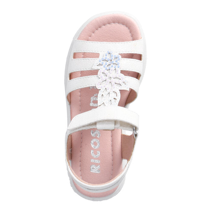An open toe sandal by Ricosta, style Celina in iridescent white with velcro fastening. Above view.