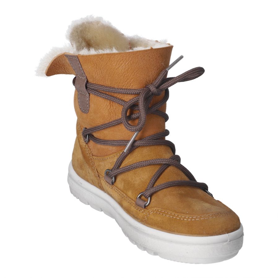 A girls/ladies pull on fur lined waterproof boot in tan nubuck  with brown tie detail. Angled view.