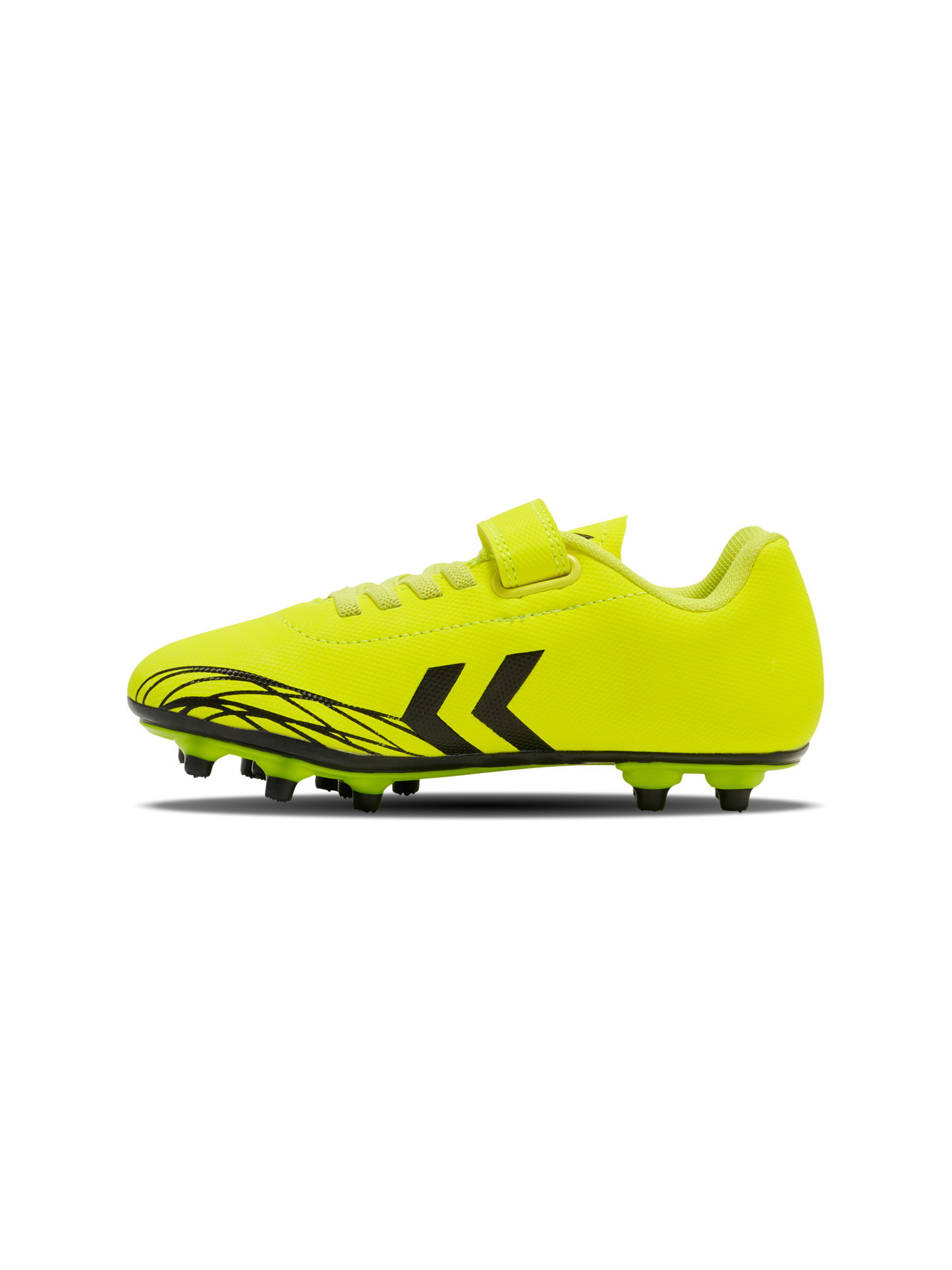A firm ground football boot by Hummel, style Top Star F.G 2165658-5998 , in yellow with velcro fastening. Left side view.