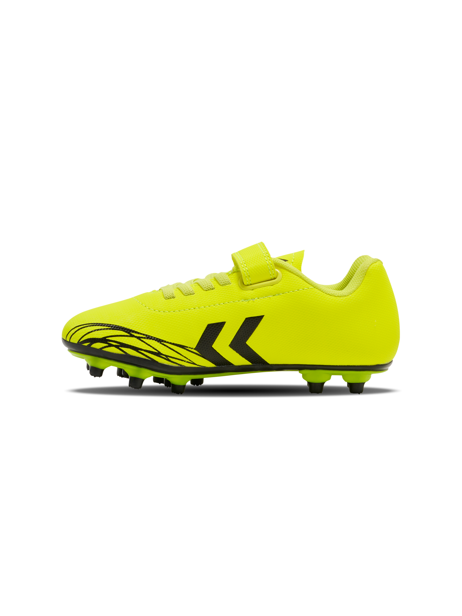 A firm ground football boot by Hummel, style Top Star F.G 2165658-5998 , in yellow with velcro fastening. Left side view.
