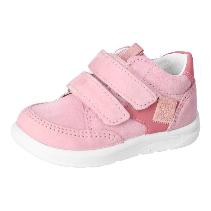 A pair of Ricosta Kito mid-top boots in pink, designed for kids. The boots feature a double velcro fastening, a padded collar, and a 100% waterproof Sympatex membrane to keep feet dry in any weather. They have a sporty trim, a durable sole, and a removable insole for tracking growth. Perfect for everyday adventures in style and comfort.

