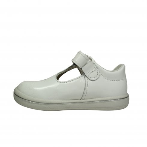 A girls T bar shoe by Ricosta, style Winona, in white patent leather with velcro fastening. Left side view.