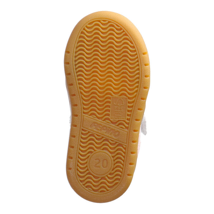 A girls casual shoe by Ricosta, style Dakota in white/pink with pink stripe detail on the side and beige detail on ankle and tongue. View of sole 