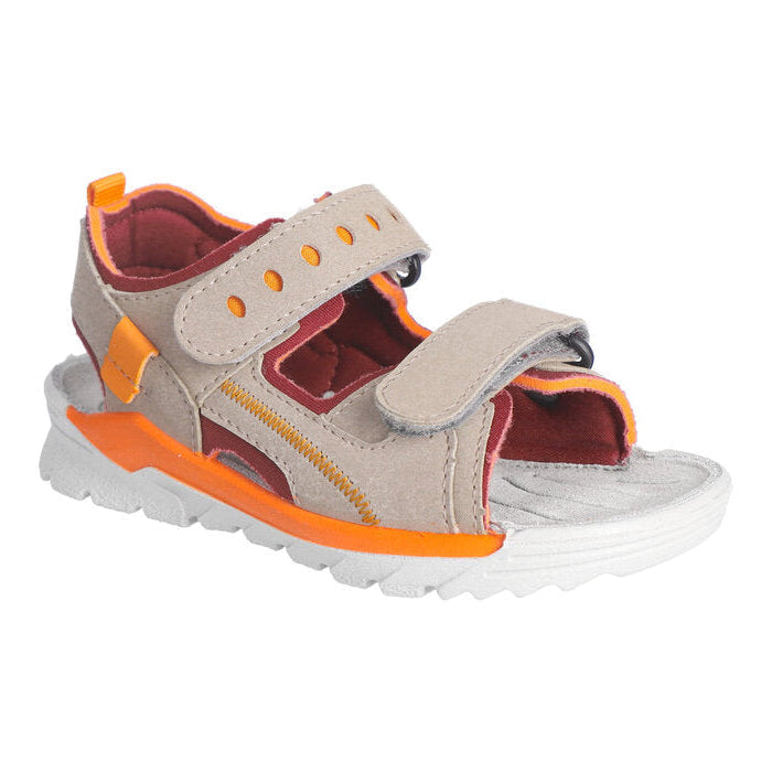 A boys sandal by Ricosta, style Tajo in tundra/burgundy with two velcro straps and orange detailing. Right side view