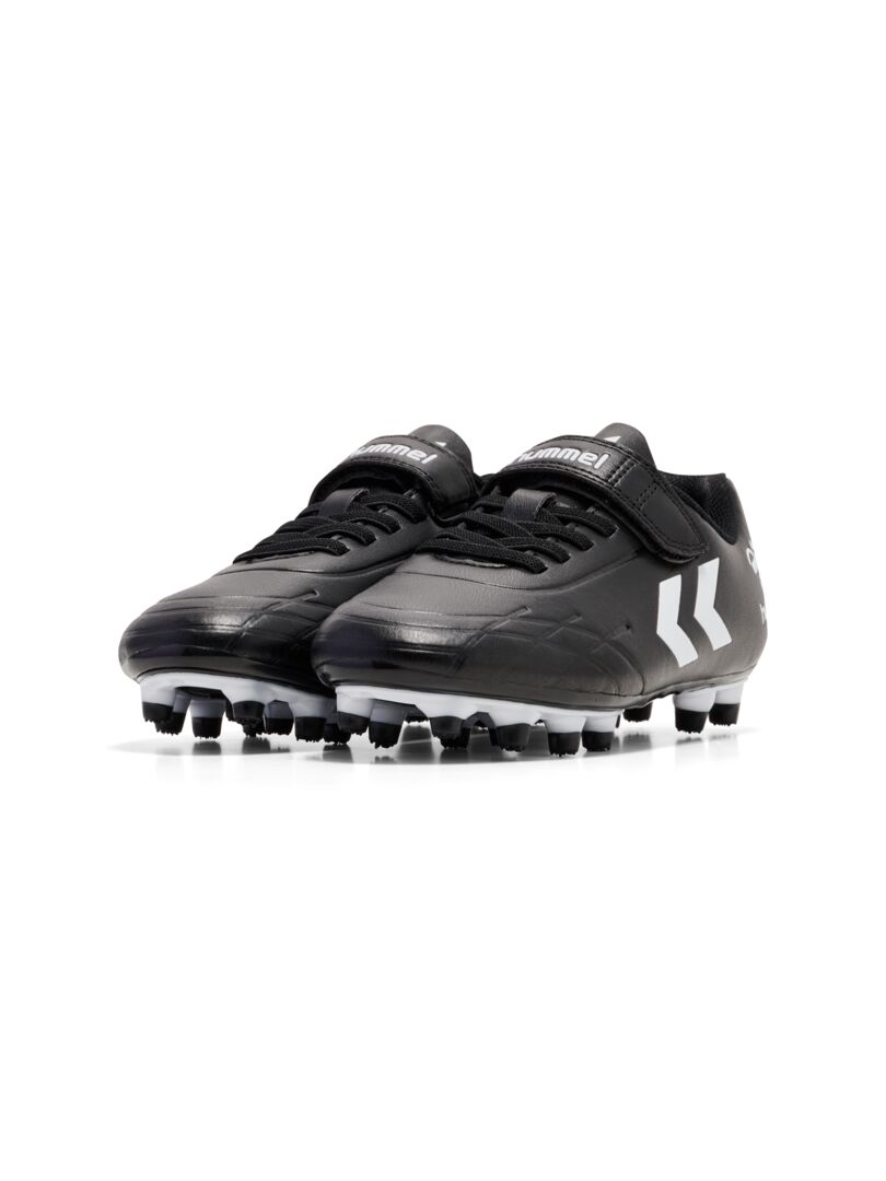 A firm ground football boot by Hummel, style Top Star F.G JR 216568-2042, in black and white with elastic lace and velcro fastening. Angled view of pair.