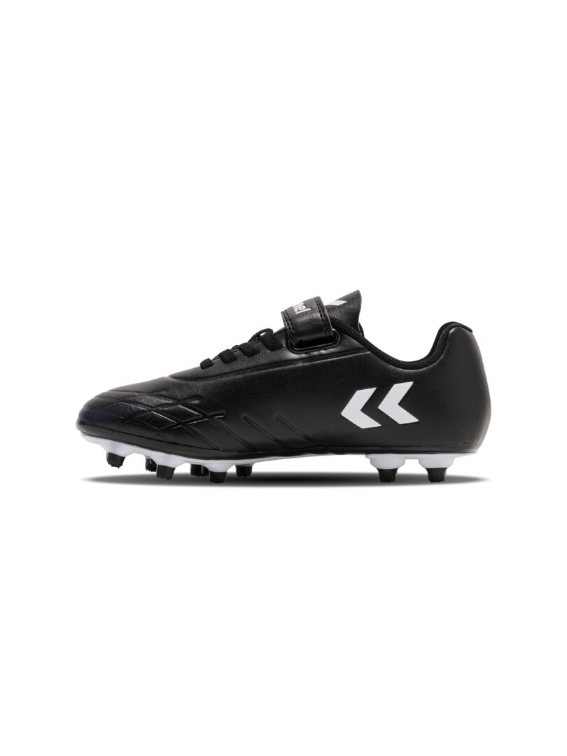 A firm ground football boot by Hummel, style Top Star F.G JR 216568-2042, in black and white with elastic lace and velcro fastening. Left side view.