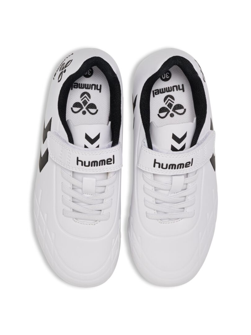 A firm ground football boot by Hummel, style Top Star F.G JR 216568-9001, in white with elastic lace and velcro fastening. Right side view. Above view of pair.