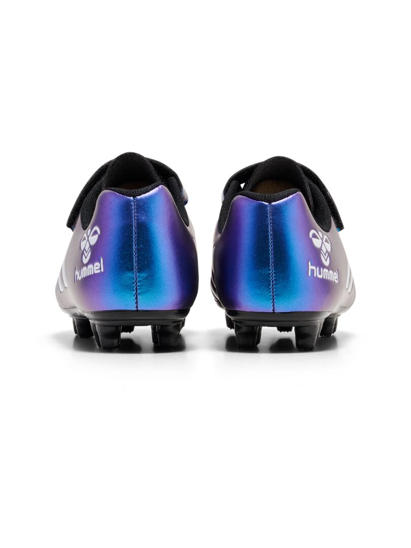 A firm ground football boot by Hummel, style Top Star F.G JR 216568-9639, in White Multi with elastic lace and velcro fastening. Back view of a pair.