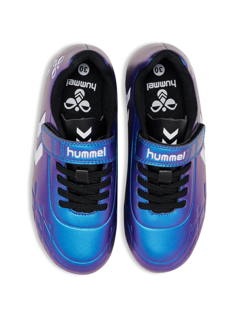 A firm ground football boot by Hummel, style Top Star F.G JR 216568-9639, in White Multi with elastic lace and velcro fastening. Above view of pair.
