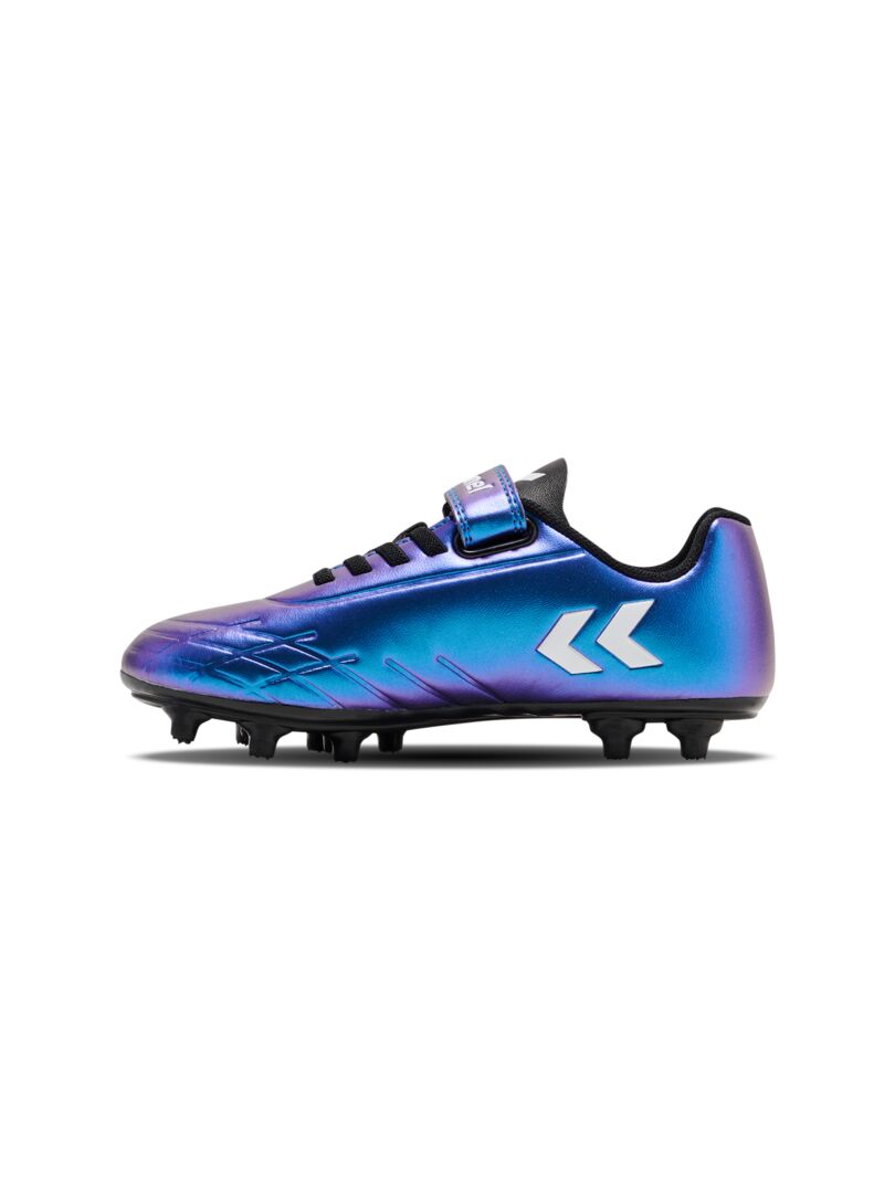 A firm ground football boot by Hummel, style Top Star F.G JR 216568-9639, in White Multi with elastic lace and velcro fastening. Left side view.