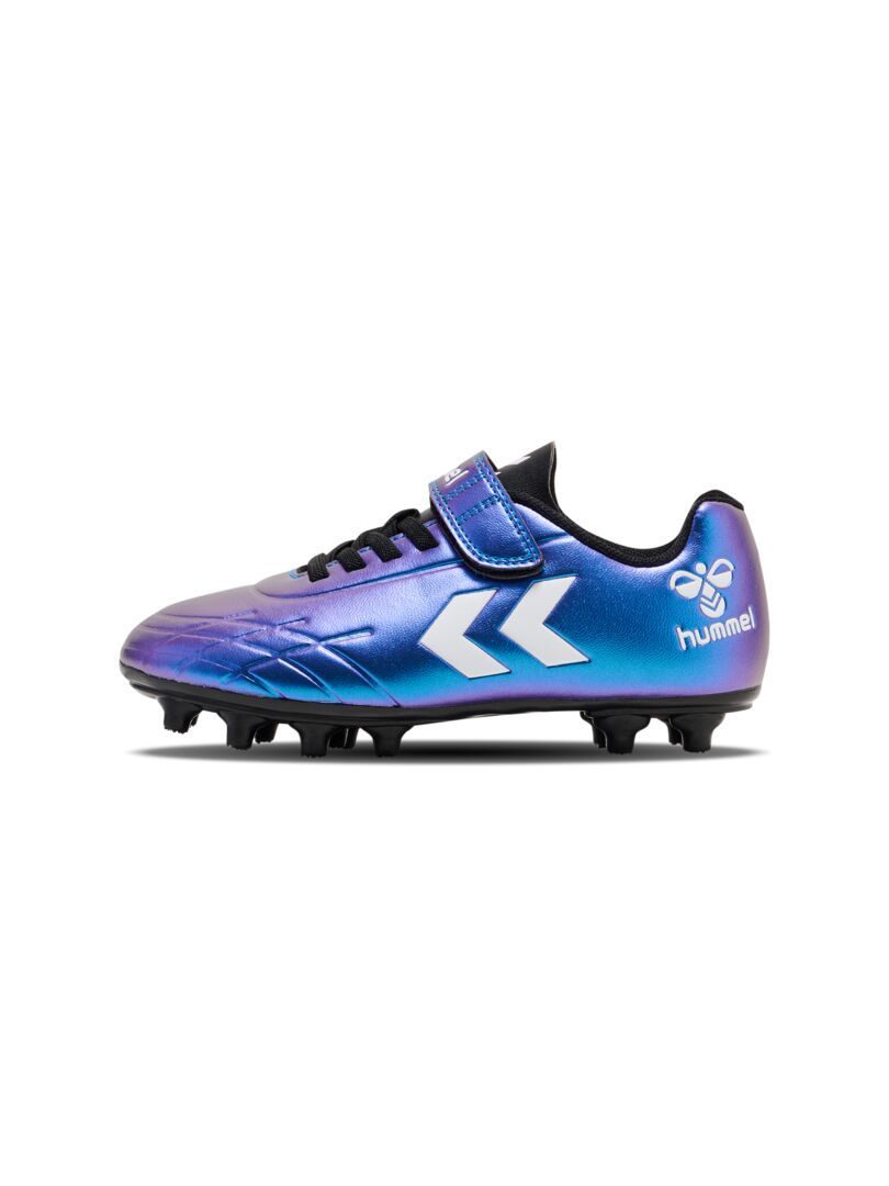A firm ground football boot by Hummel, style Top Star F.G JR 216568-9639, in White Multi with elastic lace and velcro fastening. Right side view.