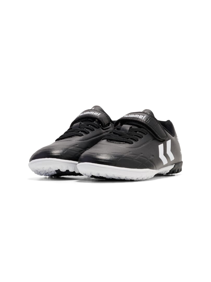 A Astro Turf Football boot by Hummel, style 228343-2042 Top Star Turf JR in black and white with elastic lace and velcro fastening. Angled view of pair.
