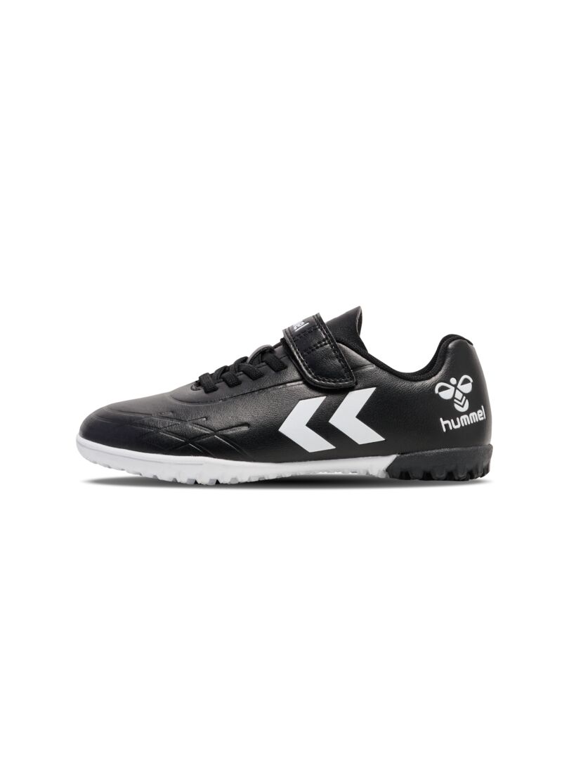 A Astro Turf Football boot by Hummel, style 228343-2042 Top Star Turf JR in black and white with elastic lace and velcro fastening. Right side view.