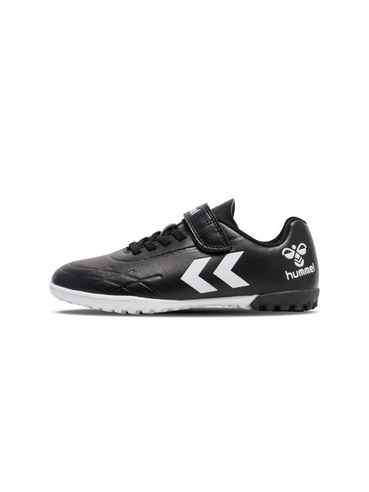 A Astro Turf Football boot by Hummel, style 228343-2042 Top Star Turf JR in black and white with elastic lace and velcro fastening. Right side view.