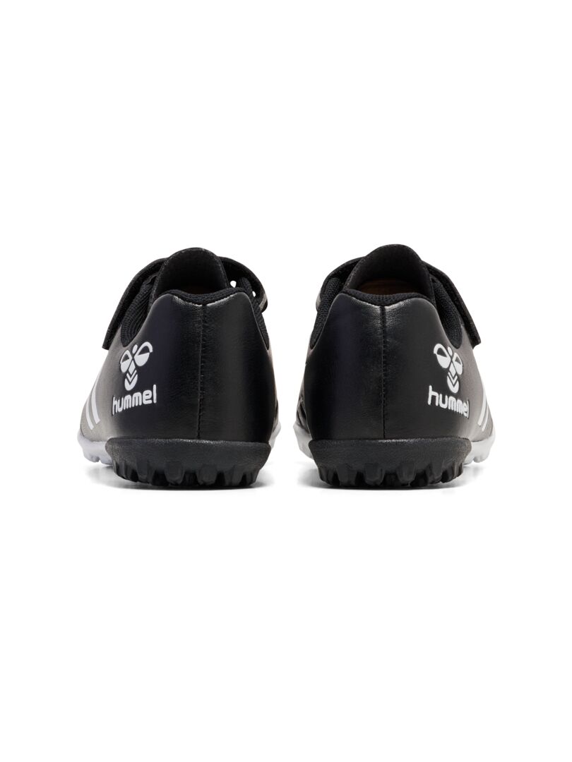 A Astro Turf Football boot by Hummel, style 228343-2042 Top Star Turf JR in black and white with elastic lace and velcro fastening. Back view of pair.