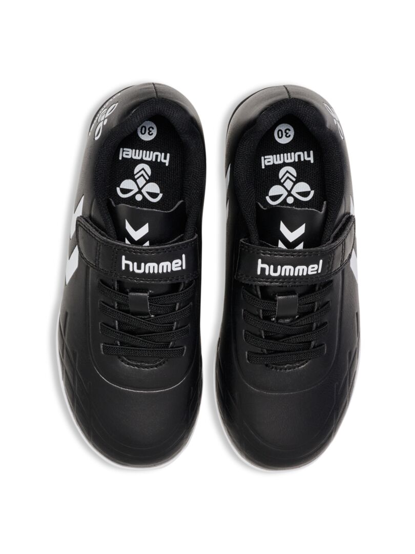 A Astro Turf Football boot by Hummel, style 228343-2042 Top Star Turf JR in black and white with elastic lace and velcro fastening. Above view of pair.