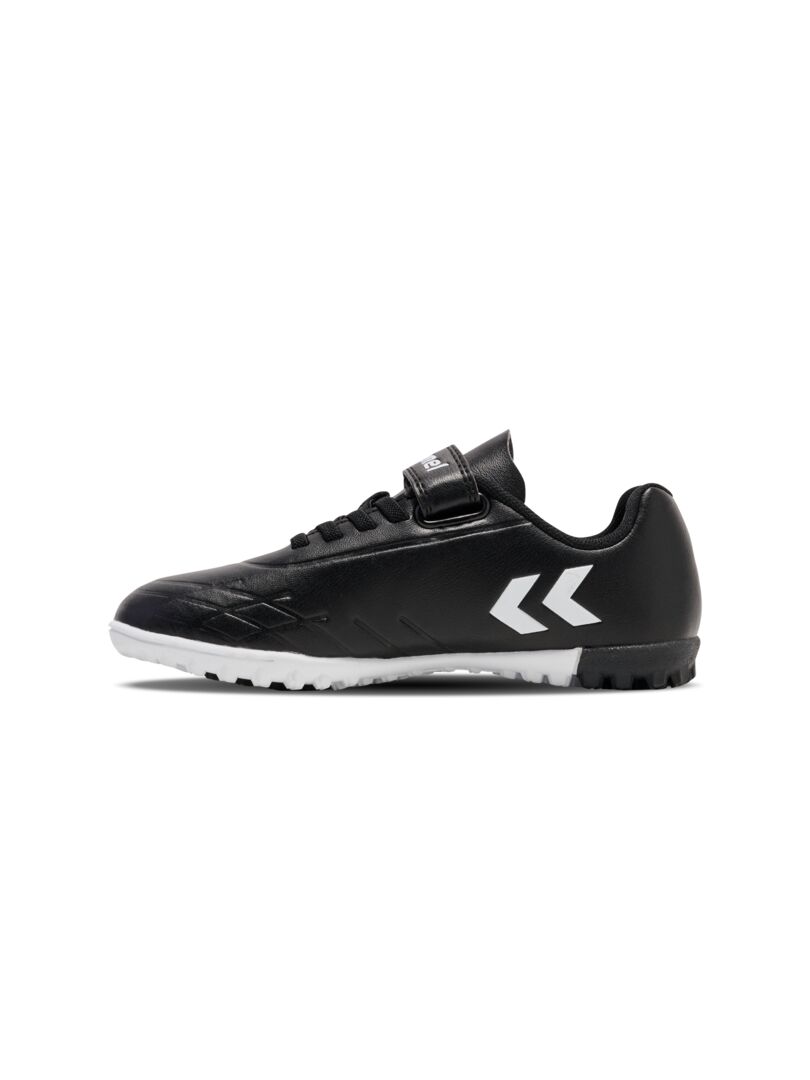 A Astro Turf Football boot by Hummel, style 228343-2042 Top Star Turf JR in black and white with elastic lace and velcro fastening. Left side view.