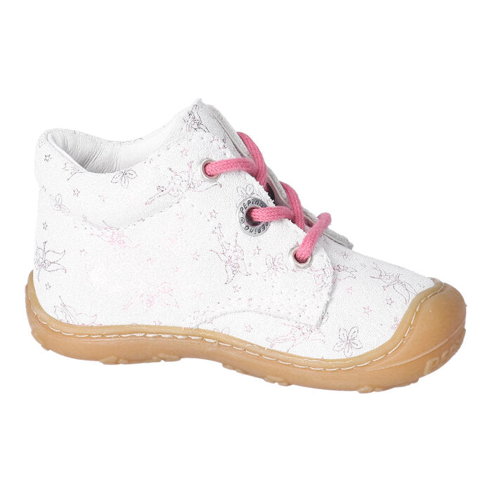 A girls ankle boot by Ricosta, style Dots 50 1200502/830 , in white leather with pink fairy print and pink laces. Toe bumper. Left side view.