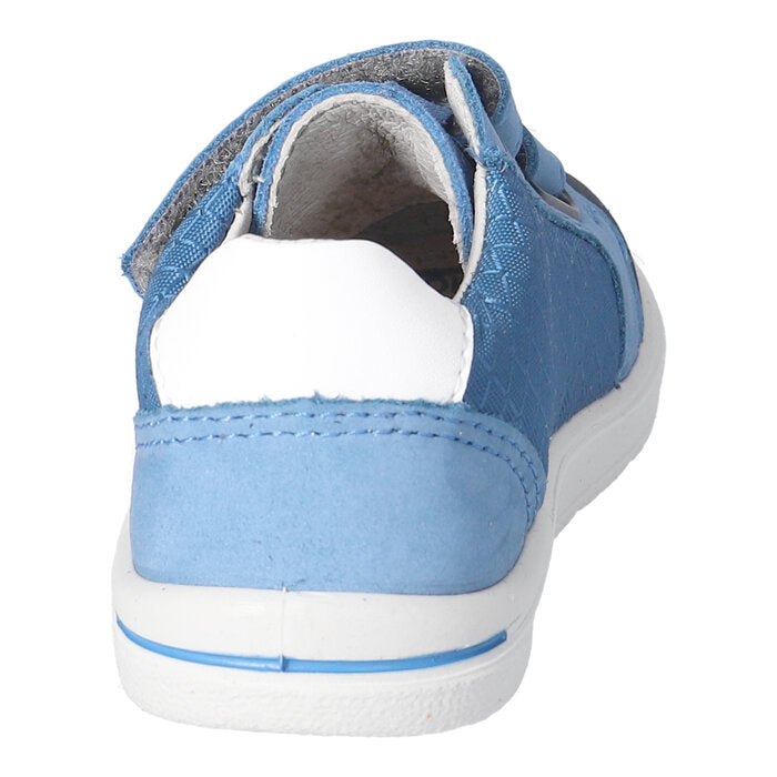 A boys velcro shoe by Ricosta, style Riley in navy and blue with white trim and double velcro fastening. Back view.