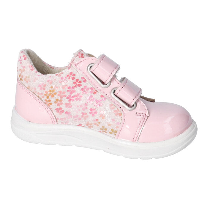 A girls shoe by Ricosta, style Jasmine, in pink patent leather with flower print and double velcro fastening.  Left side view.