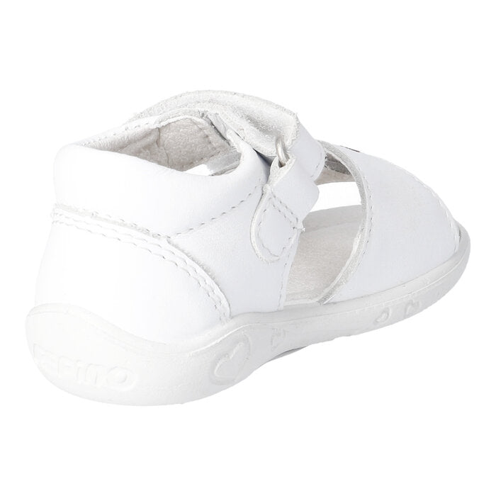 A girls sandal by Ricosta, style Mimi in white cherry, with two velcro straps, one with cherry detail. Angled back view