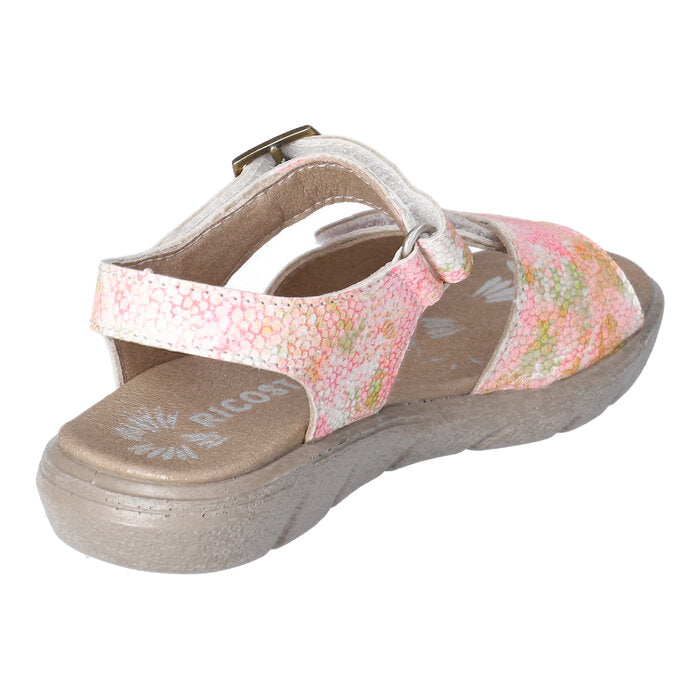 A girls open toe sandal by Ricosta, style Samira, in neon pink multi with velcro fastening. Angled view from back.