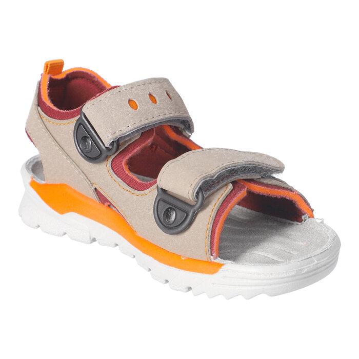 A boys sandal by Ricosta, style Tajo in tundra/burgundy with two velcro straps and orange detailing. Inner left side view