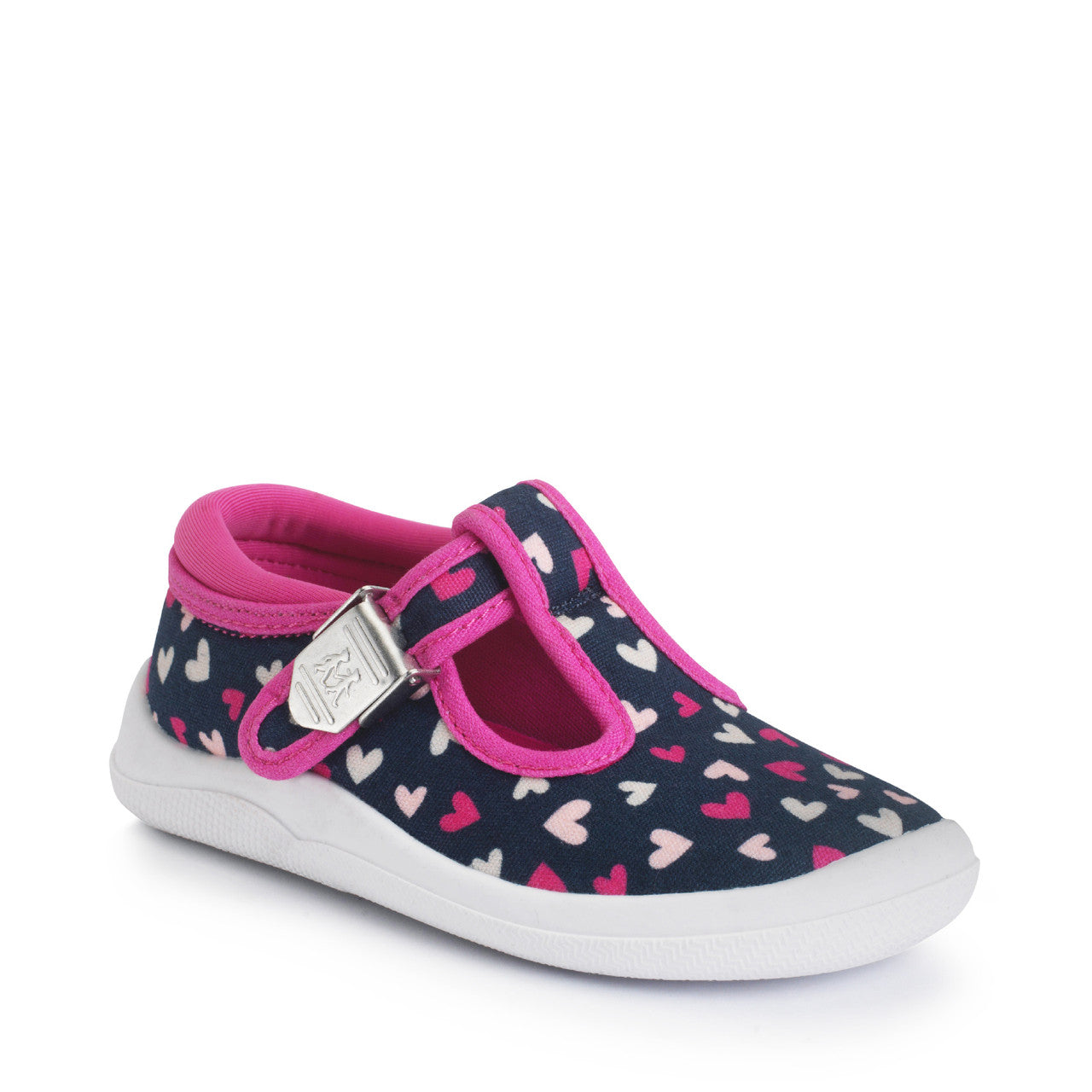 A girls shoe by Start-Rite, style Wriggles T bar, in navy with pink hearts and pink trim. Buckle fastening. Angled right side view.