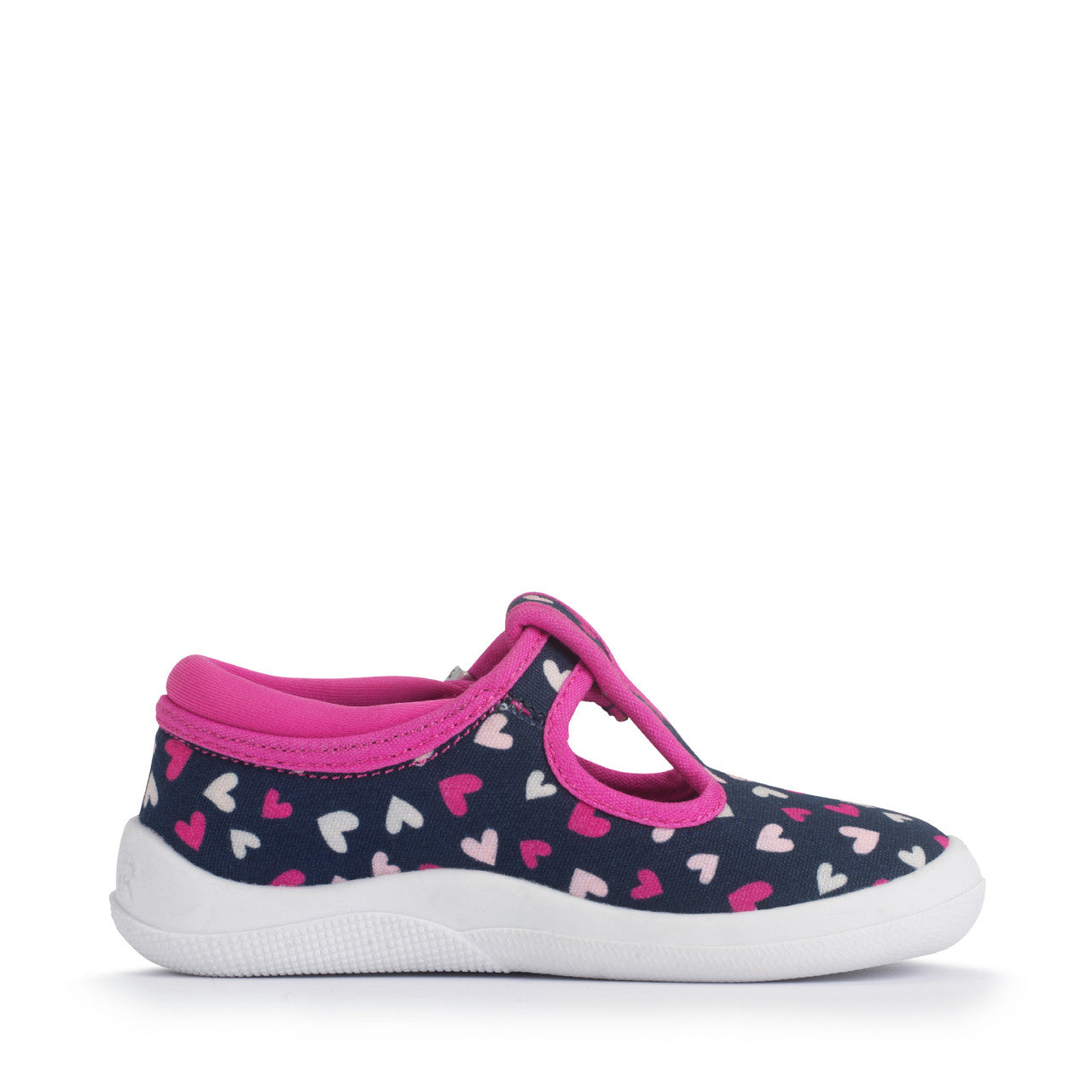 A girls shoe by Start-Rite, style Wriggles T bar, in navy with pink hearts and pink trim. Buckle fastening. Inner right side view.