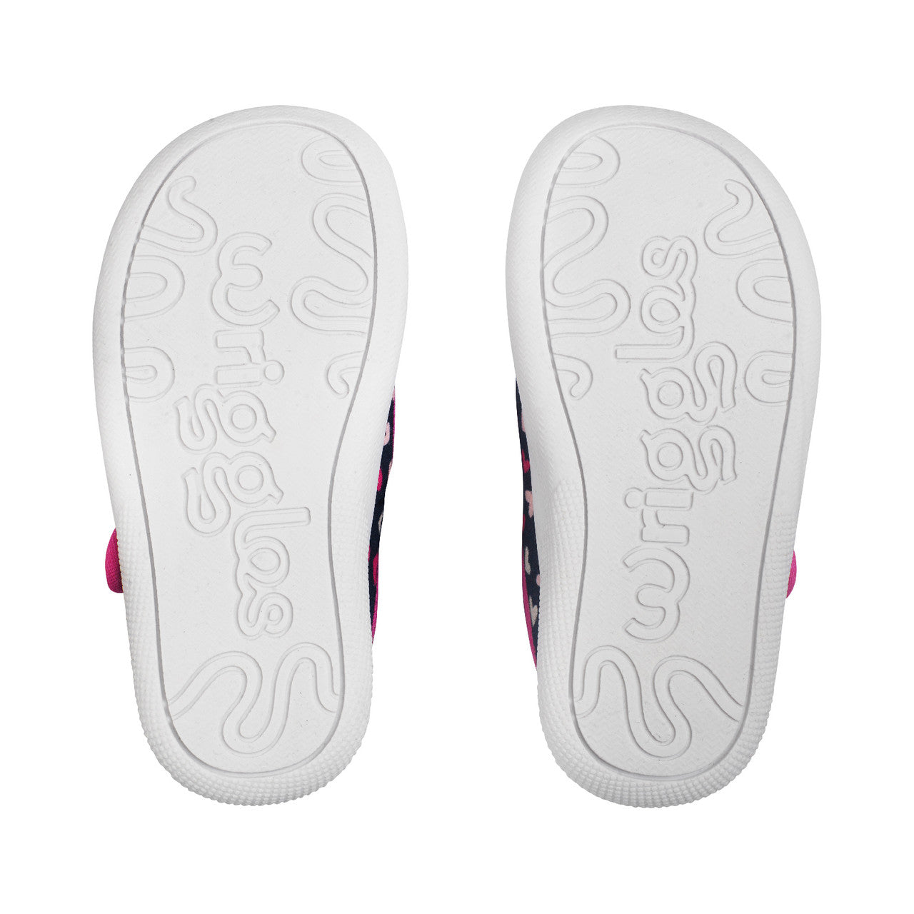 A girls shoe by Start-Rite, style Wriggles T bar, in navy with pink hearts and pink trim. Buckle fastening. View of soles of a pair.