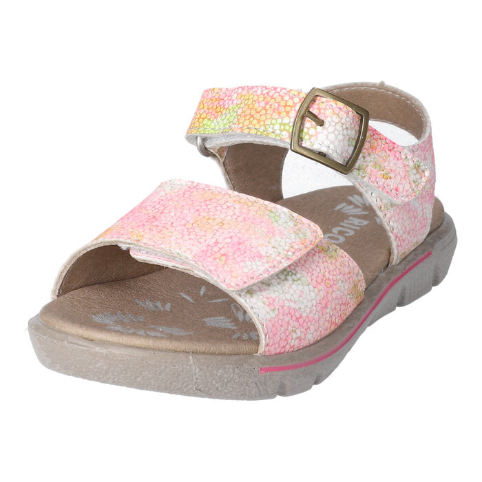 A girls open toe sandal by Ricosta, style Samira, in neon pink multi with velcro fastening. Angled view.