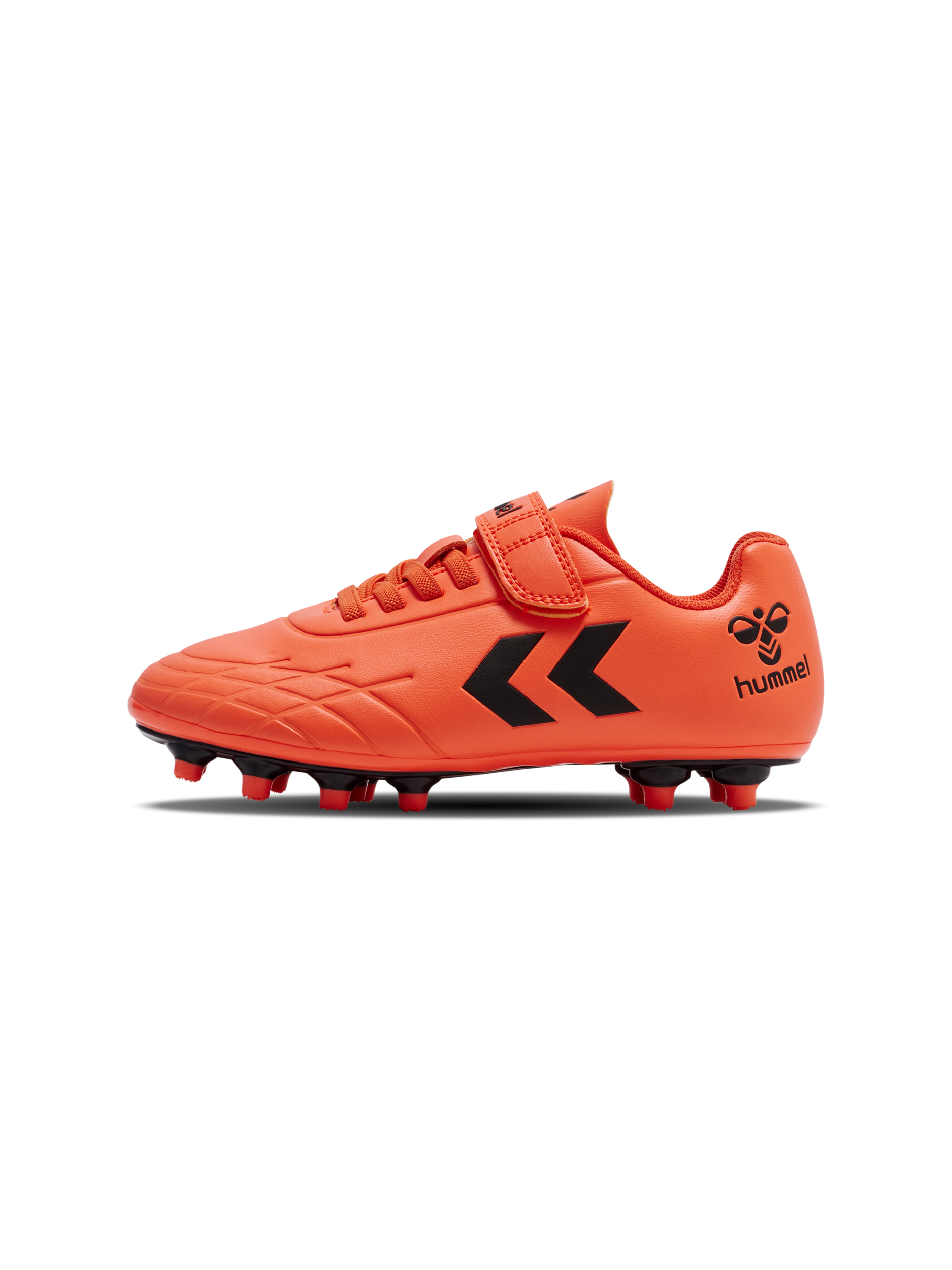 A football boot by Hummel, style Top Star F.G JR 216568-4127, in orange with black logo and velcro fastening. Right side view.