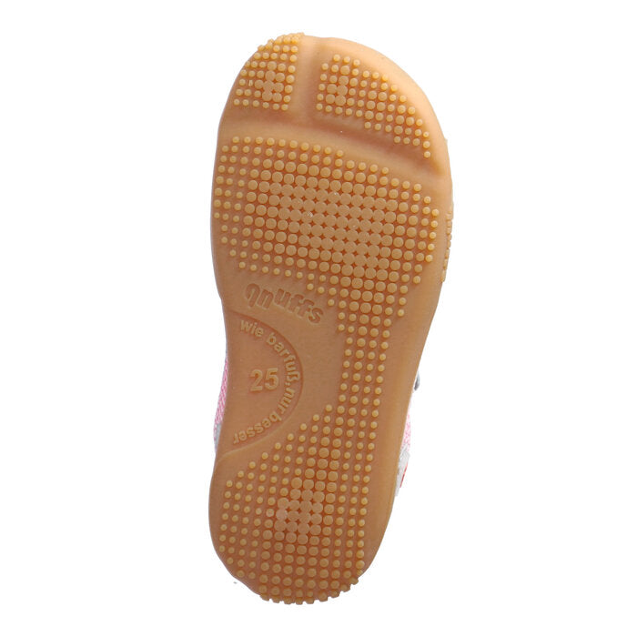 A girls casual shoe by Ricosta, style Fichte in light grey/flower with vecro strap and elastic laces. View of sole